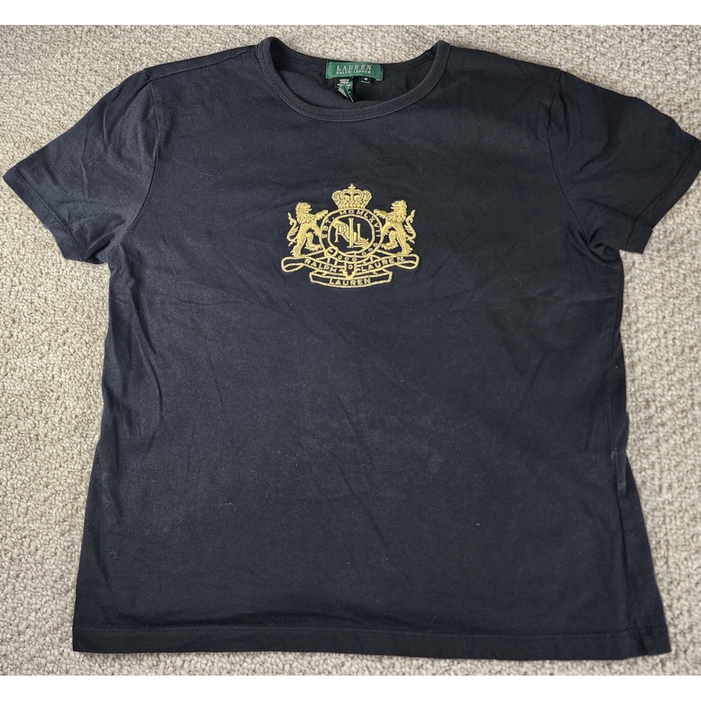 Lauren Ralph Lauren T-Shirt Size M Gold Crest Logo Cotton Short Sleeve Black